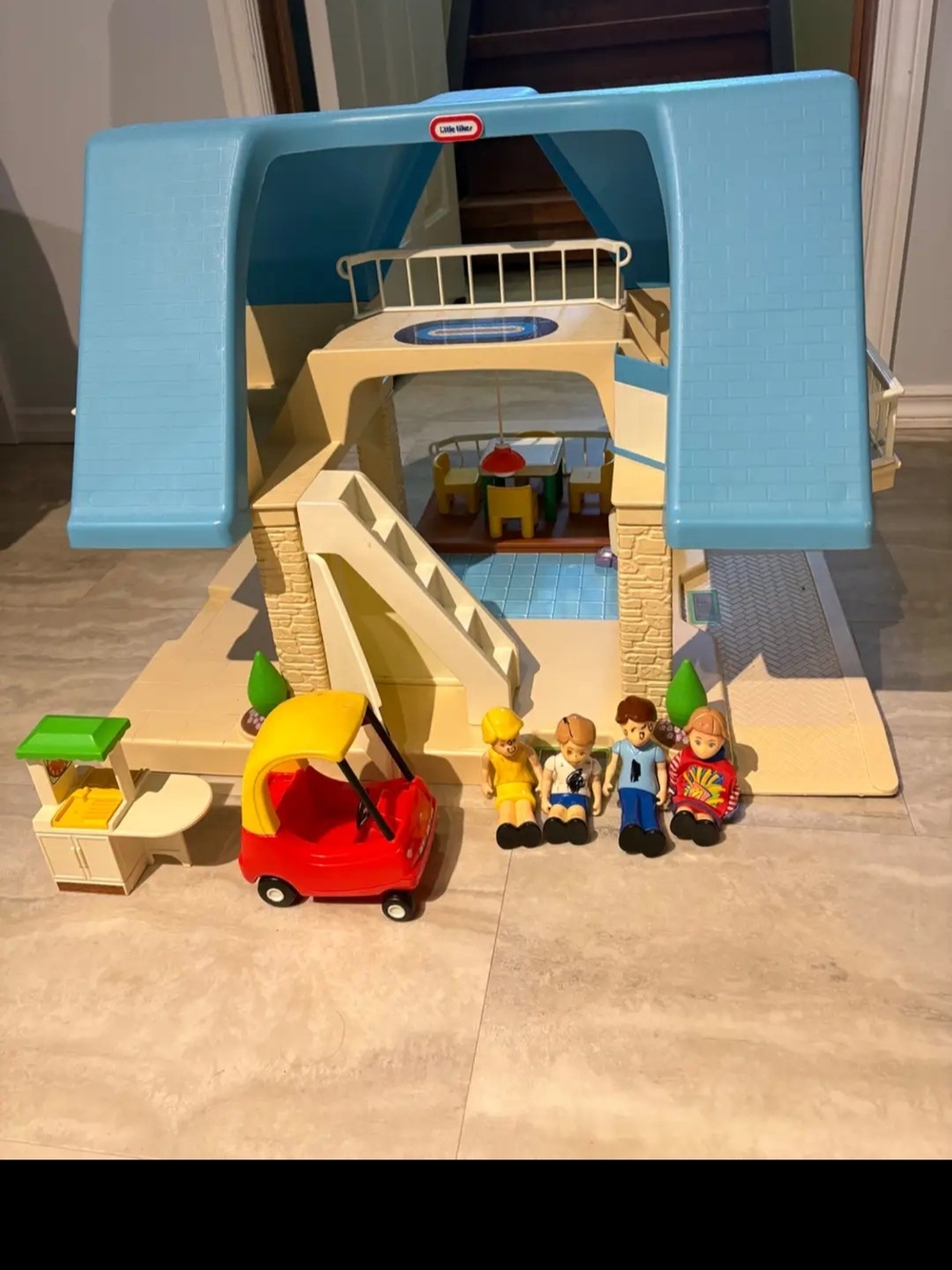 Vintage Little Tikes Blue Roof Playhouse with Figures & Cozy Coupe Car